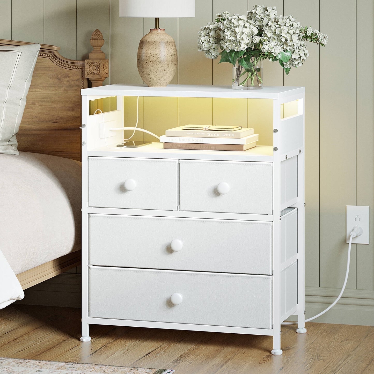 GUNAITO Led Nightstand with 4 Drawers Bedside Table with Charging Station Wide End Table with Storage Shelf for Living Room,White