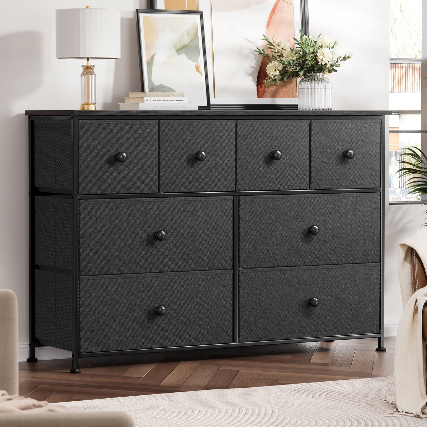 GUNAITO 8 Drawer Dresser, Chest of Drawers for Bedroom, Fabric Drawer for Kids and Adult, Steel Frame and Wooden Top Black Grey