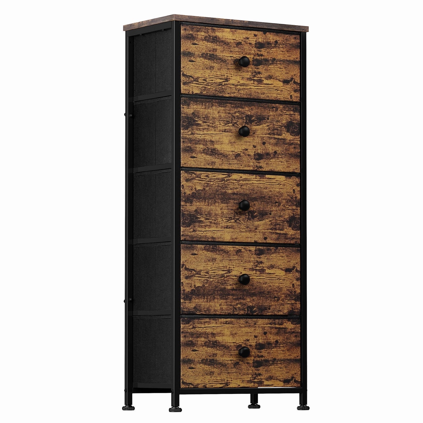 GUNAITO 5 Drawer Dresser for Bedroom Tall Narrow Chest of Drawers Fabric Storage Dresser for Adults,Rustic Brown