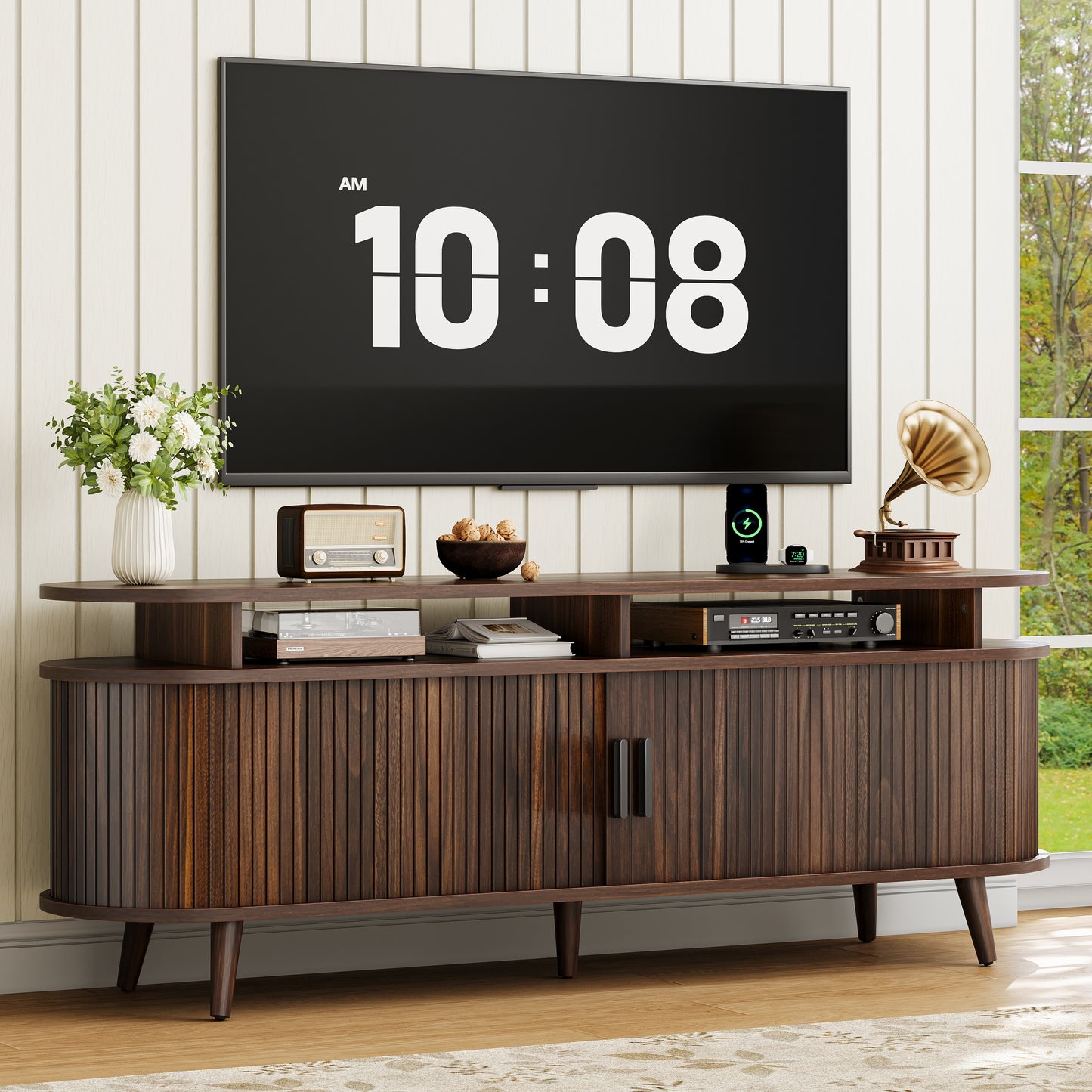 GUNAITO TV Stand for TVs up to 70", Wood TV Stand for Living Room with LED Lights , Entertainment Center with Storage and Shelves, Walnut