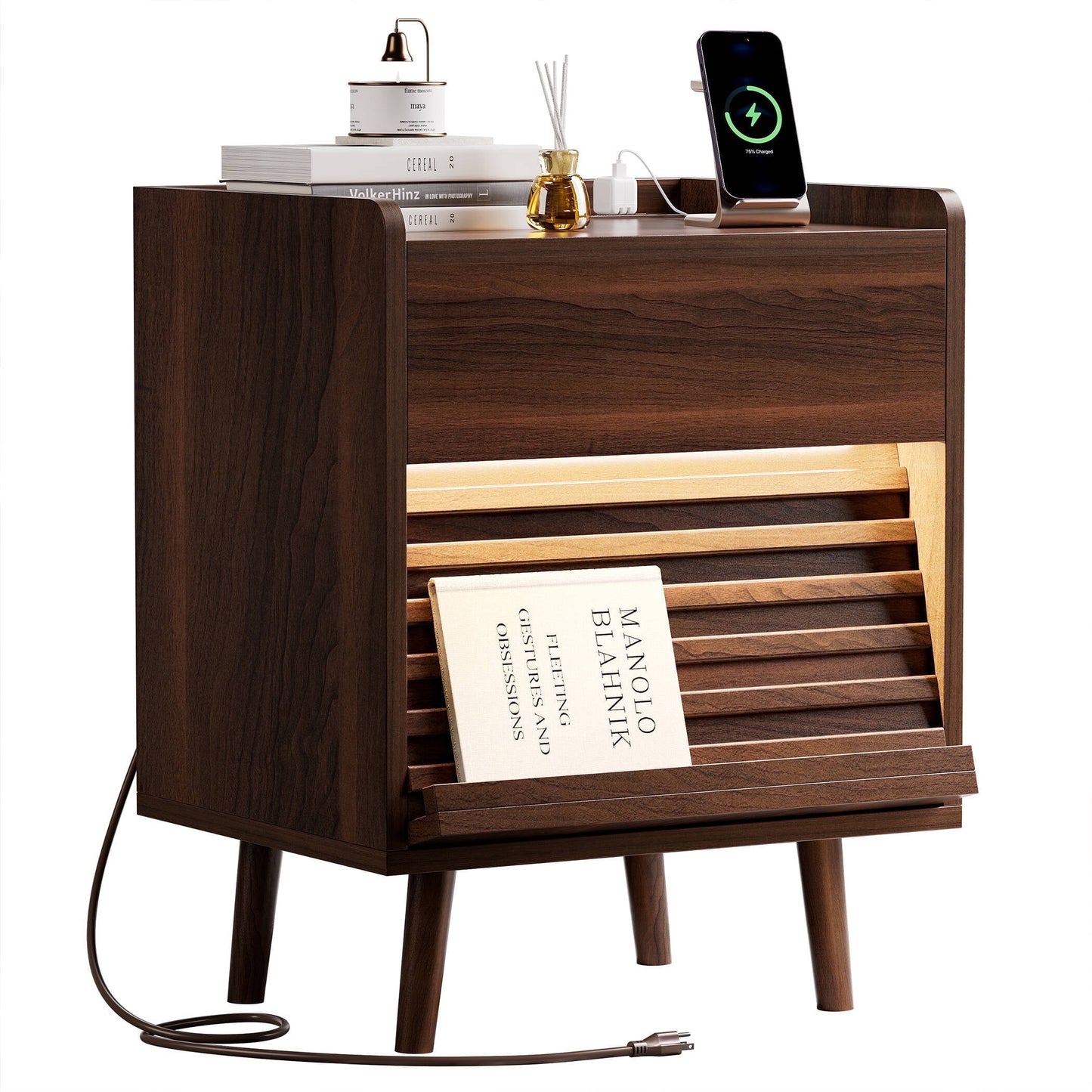 GUNAITO Nightstand with Charging Station Bedside Table with LED Light Wood Nightstand with Drawers End Table for Small Space Walnut 1pc