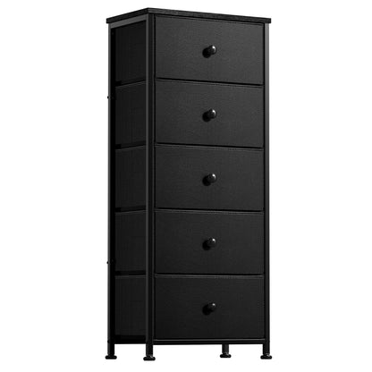 GUNAITO 5 Drawer Dresser for Bedroom Vertical Chest Sturdy Steel Frame Tall Dresser Wooden Top Fabric Bins Black