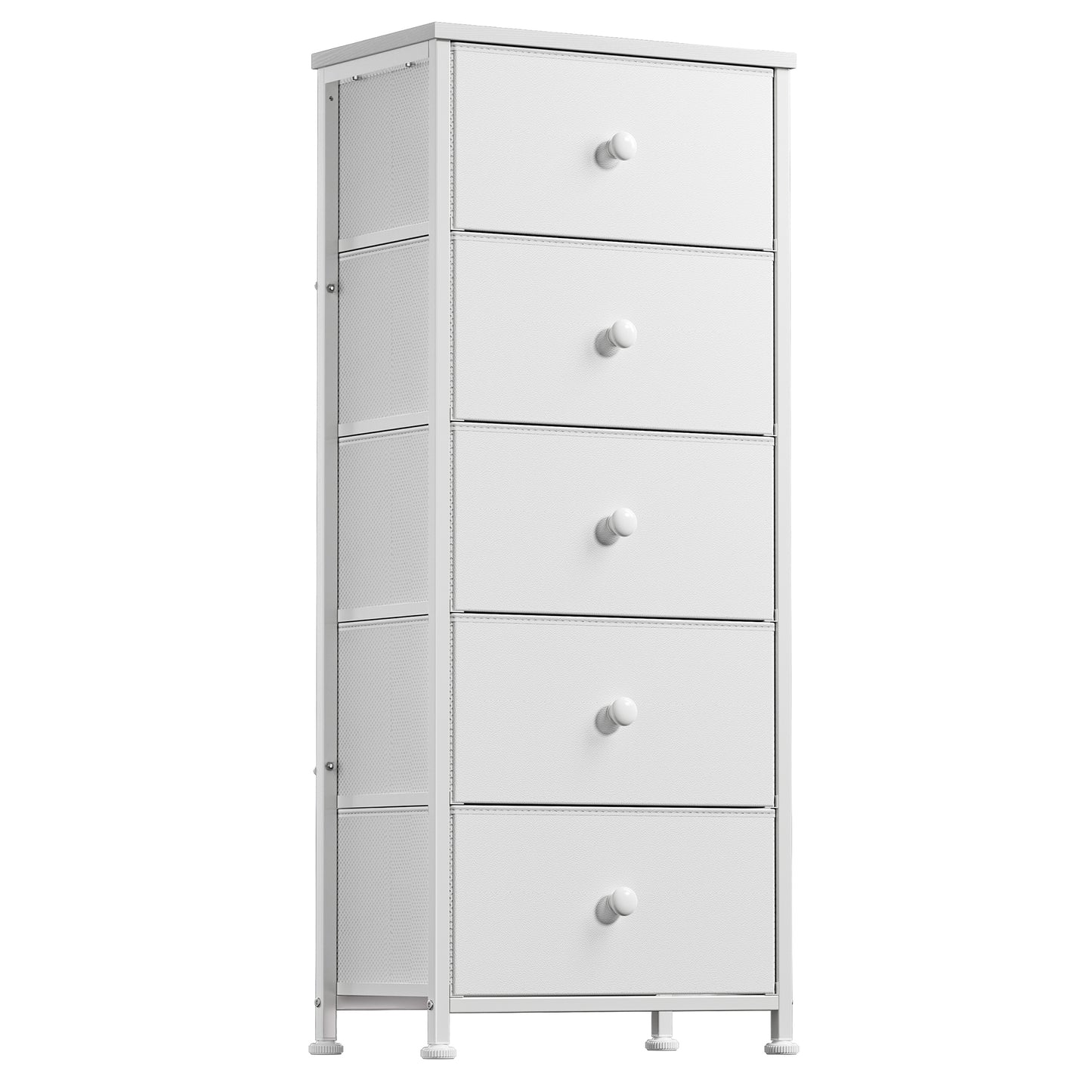 GUNAITO 5 Drawer Dresser for Bedroom Vertical Chest Sturdy Steel Frame Tall Dresser Wooden Top Fabric Bins White