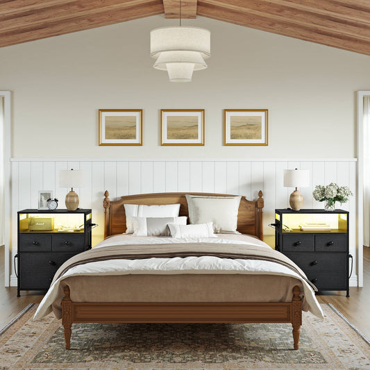 GUNAITO Led Nightstand Set of 2 with 4 Drawers Bedside Table with Charging Station Wide End Table with Storage Shelf for Living Room,Gray