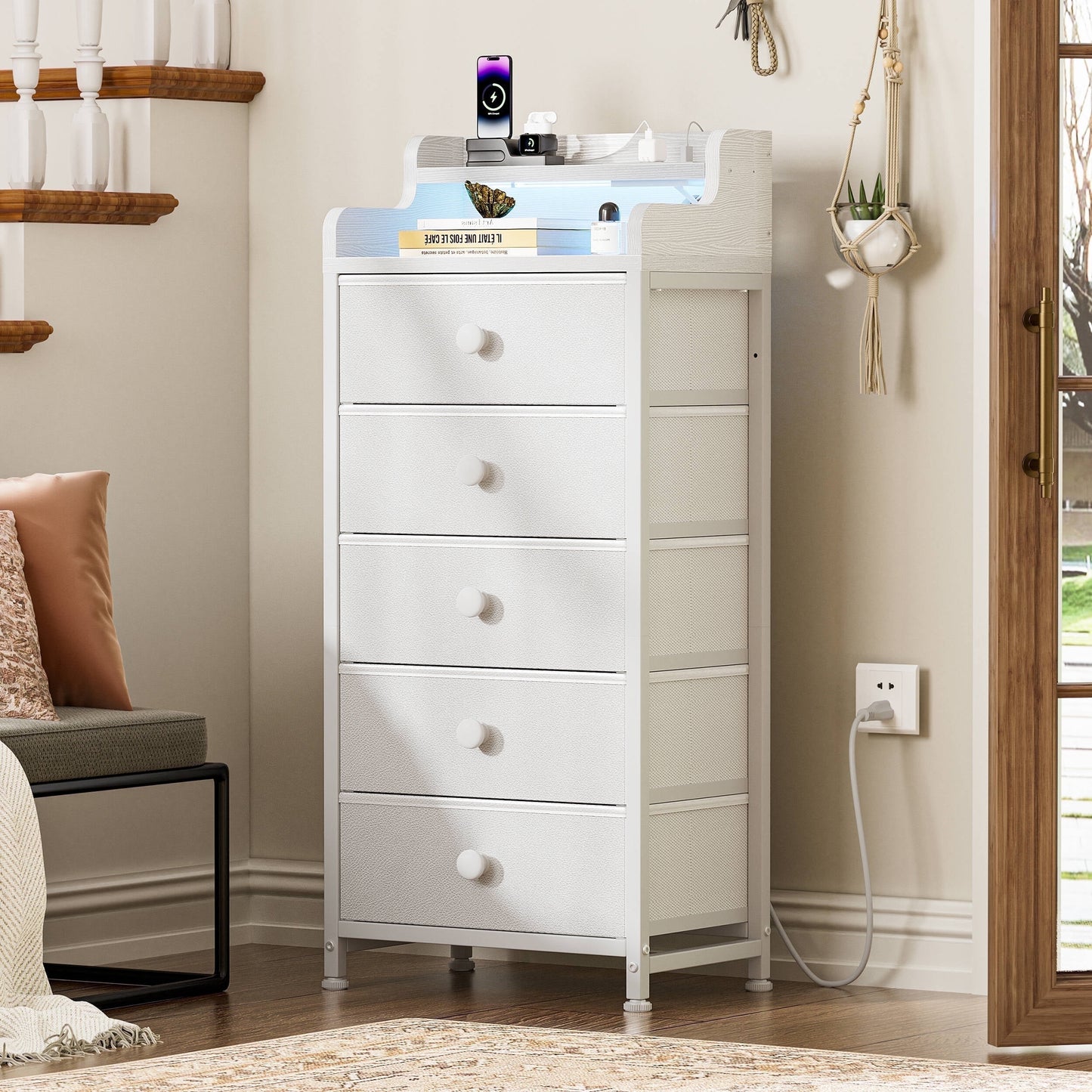 GUNAITO Led Dresser for Bedroom with 5 Drawers Tall Narrow Chest of Drawers Fabric Storage Dresser for Adults,White