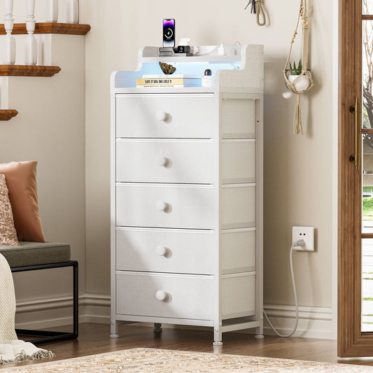 GUNAITO Led Dresser for Bedroom with 5 Drawers Tall Narrow Chest of Drawers Fabric Storage Dresser for Adults,White