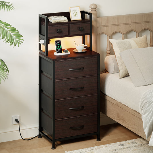 GUNAITO Nightstand with Charging Station and LED Light Bedside Table with Fabric Drawers and Storage Shelf Tall Nightstand for Bedroom Living Room Small Spaces Leather Brown