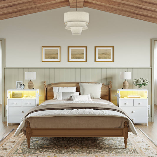 GUNAITO Led Nightstand Set of 2 with 4 Drawers Bedside Table with Charging Station Wide End Table with Storage Shelf for Living Room,White