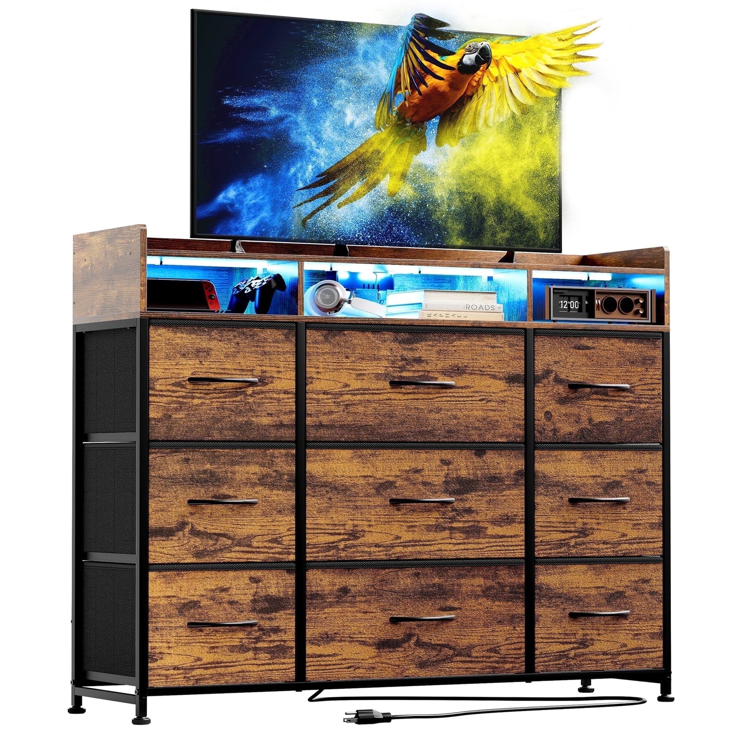 GUNAITO 9 drawer Dresser,Chest of Drawers for Bedroom,Fabric Drawer With Charging Station & LED Lights£¬43"W TV Stand,Rustic Brown