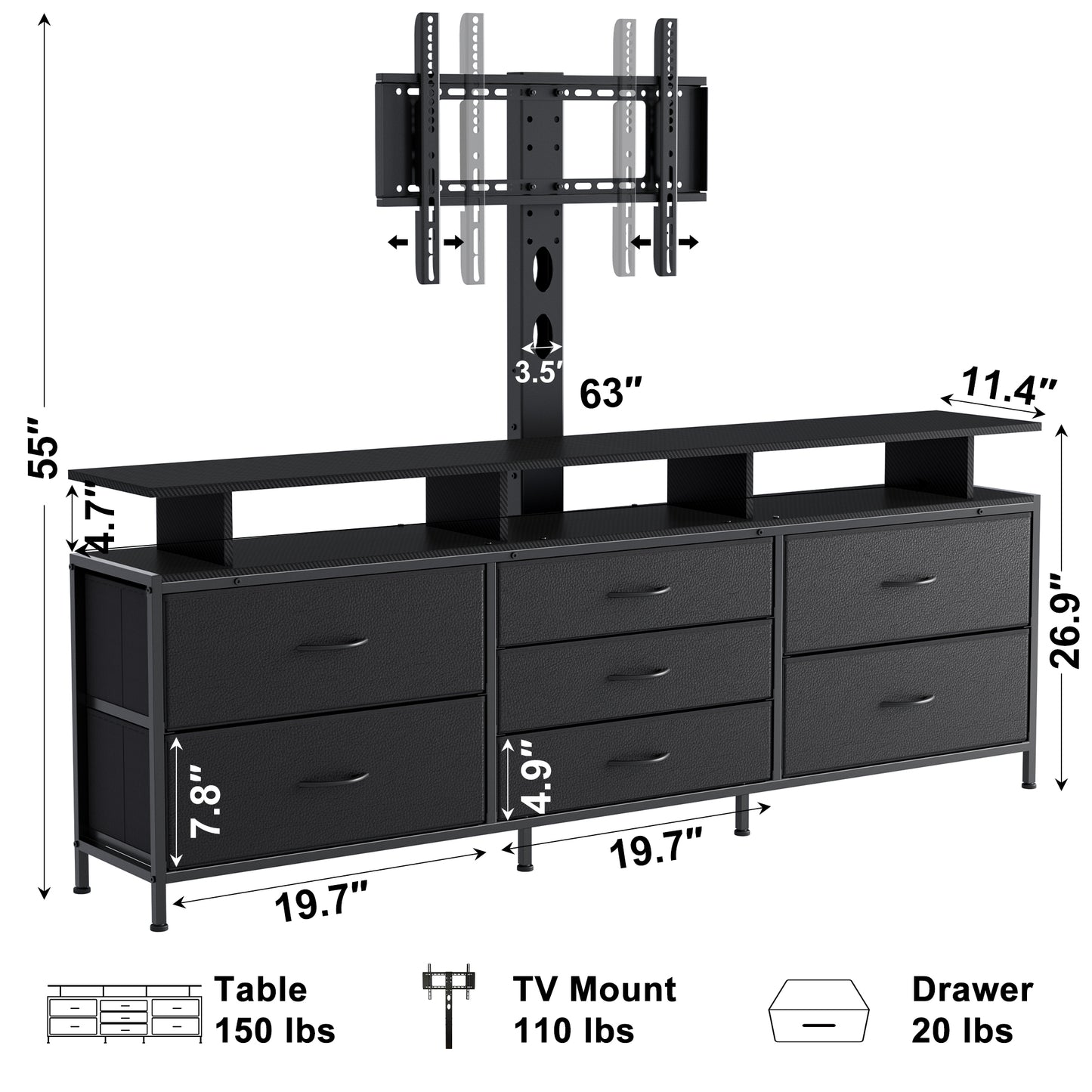 GUNAITO TV Stand with Adjustable Mount for TV up to 75", Big TV Stand for Living Room with Storage , Black