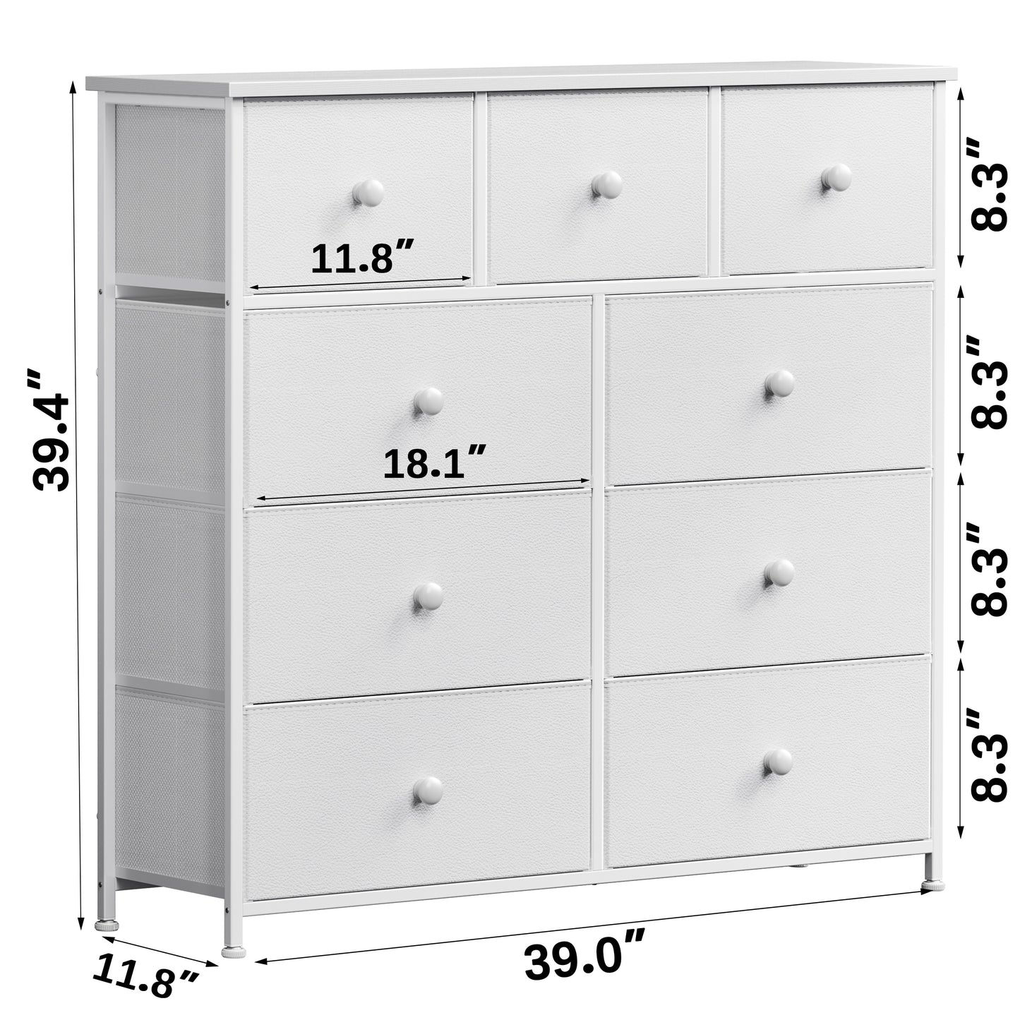 GUNAITO 9 Drawers Dresser, Chest of Drawers Fabric Dressers with Leather Finish for Adult Dressers for Bedroom White