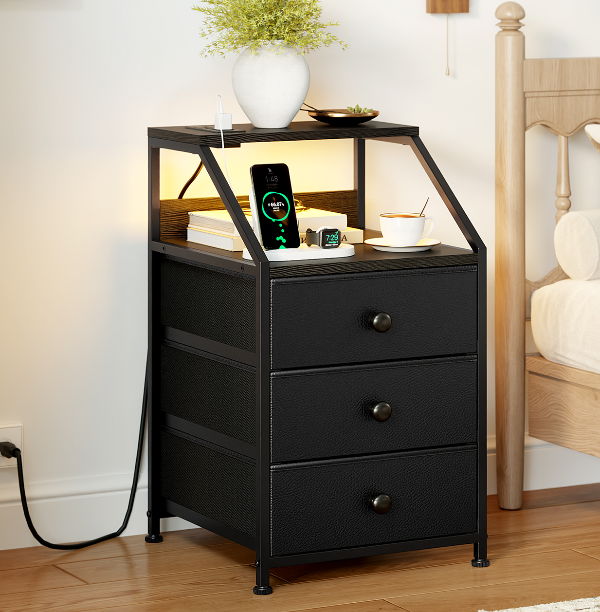 GUNAITO Nightstand with Charging Station Side Table with 3 Drawers End Table with Open Shelf Bedside Table with USB Ports and Outlets Nightstand for Bedroom,Black