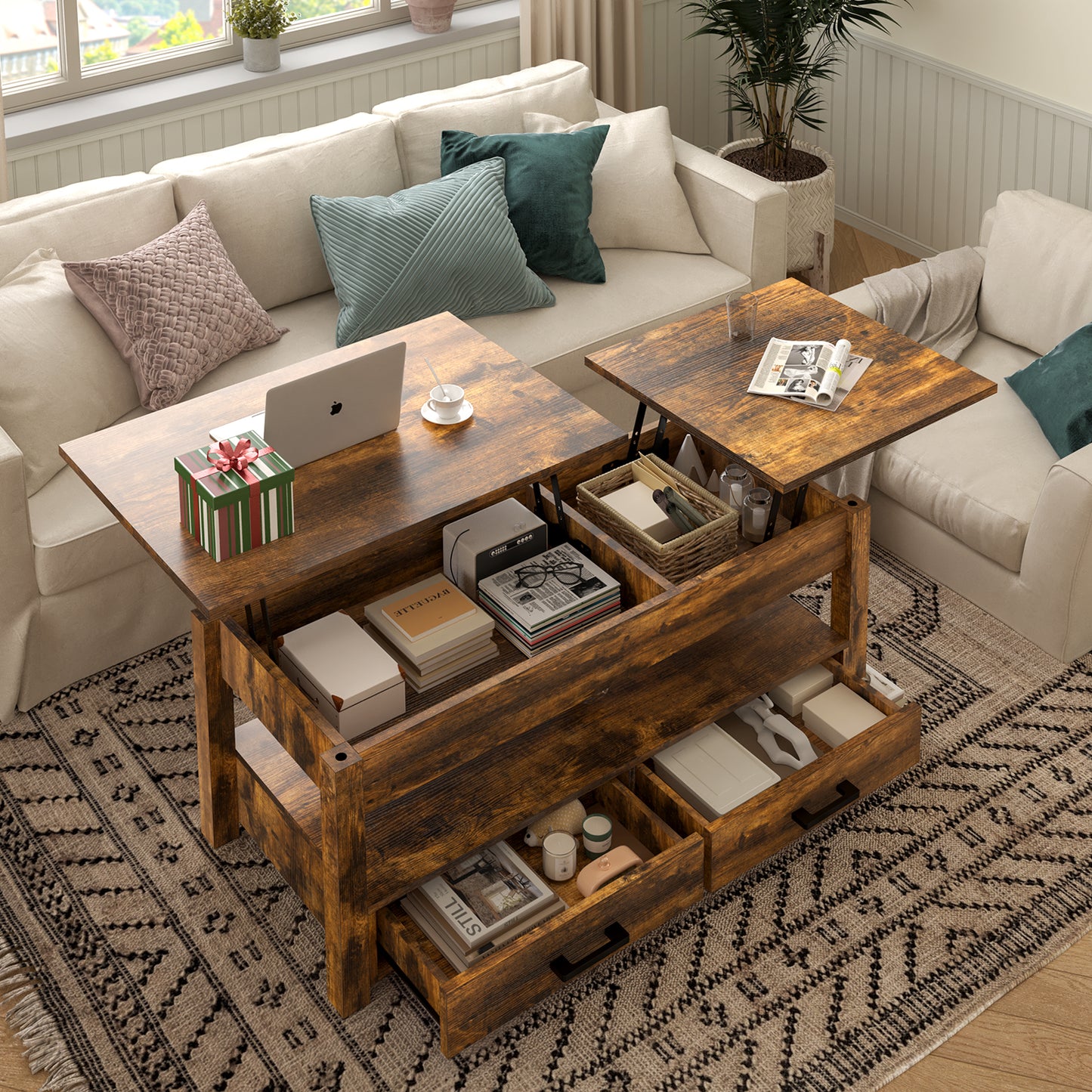 GUNAITO Lift Top Coffee Table with Storage,Farmhouse Coffee Table with Drawers and Hidden Compartment for Living Room,Rustic Brown