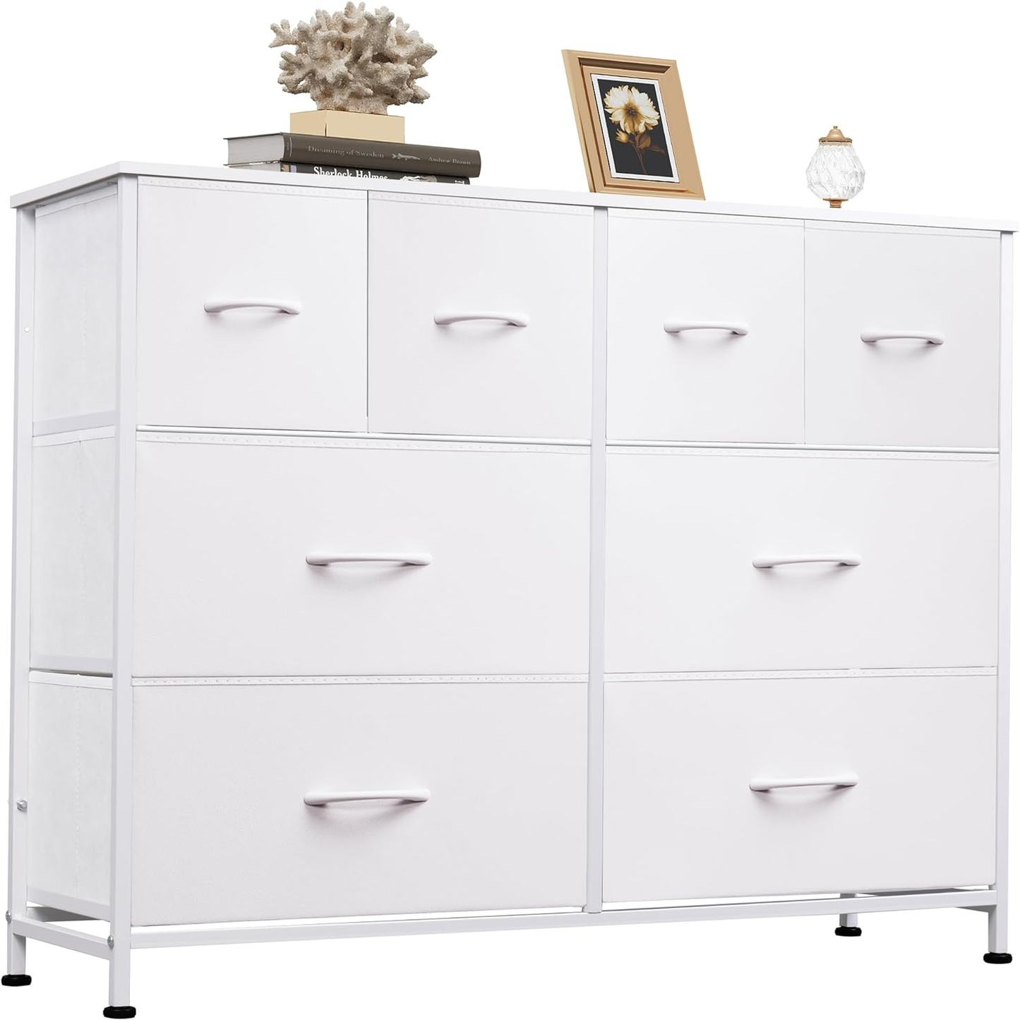 GUNAITO 8 Drawer Dersser Chest of Drawers with Litchi Grain Leather for Living Room, Bedroom Fabric Drawer for Storage Dresser with Steel Frame and Wood Top White