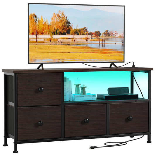 GUNAITO TV Stand for 45 inch with LED Light Power Outlet TV Cabinet Fabric Large Drawers Dark Brown